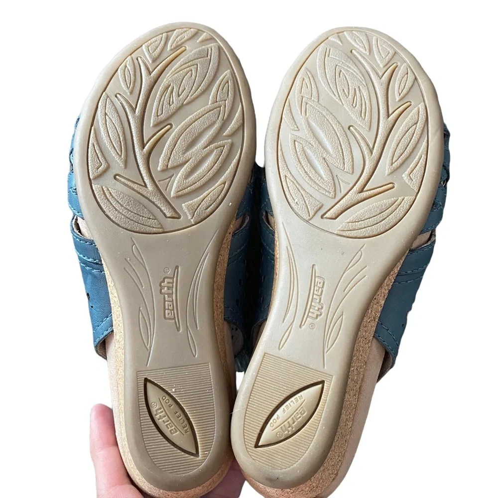 Earth Pisa Galli Dusty Lake Blue Leather Wedge Sandals - Size 7.5